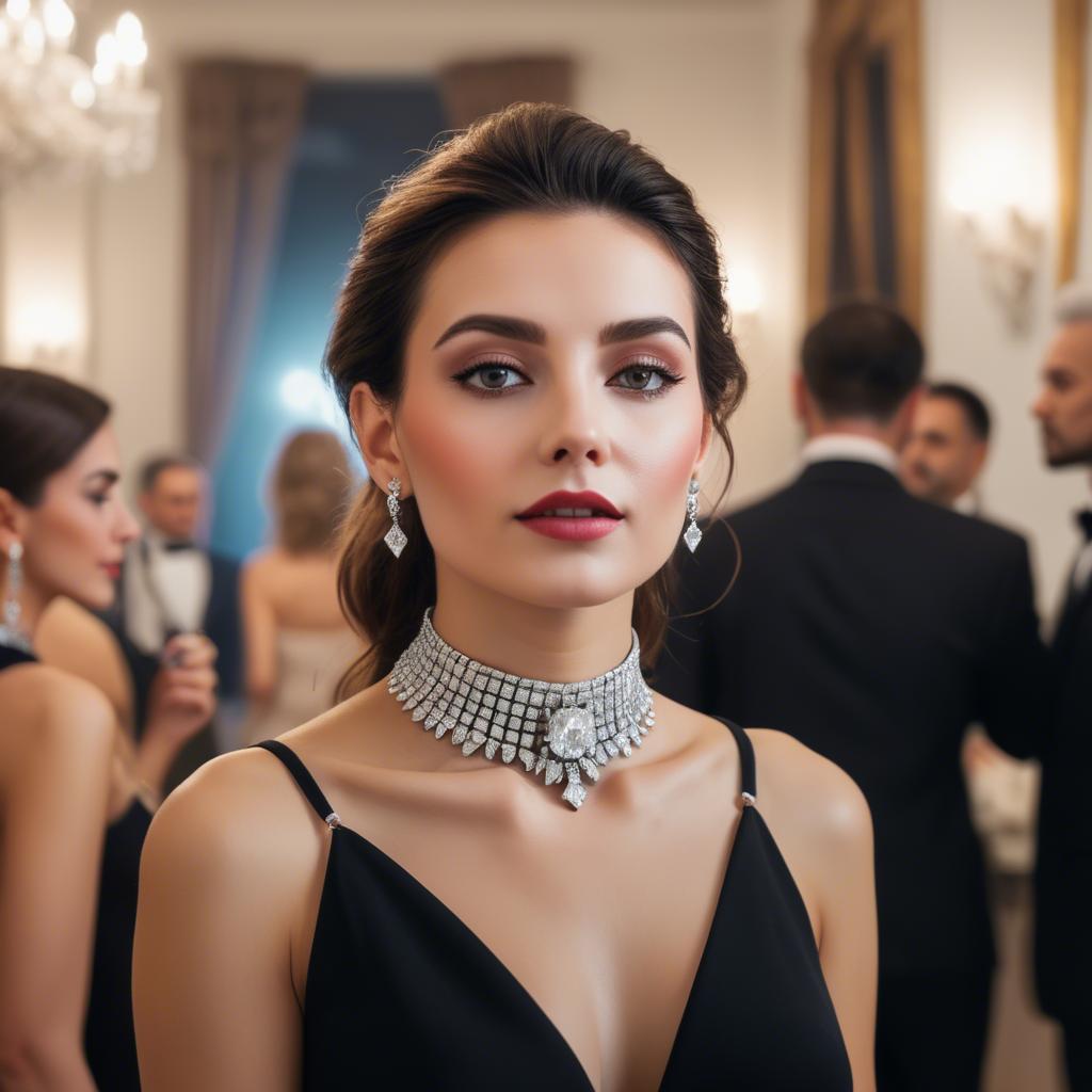A stunning image of elegant woman with a diamond choker at a grand party.