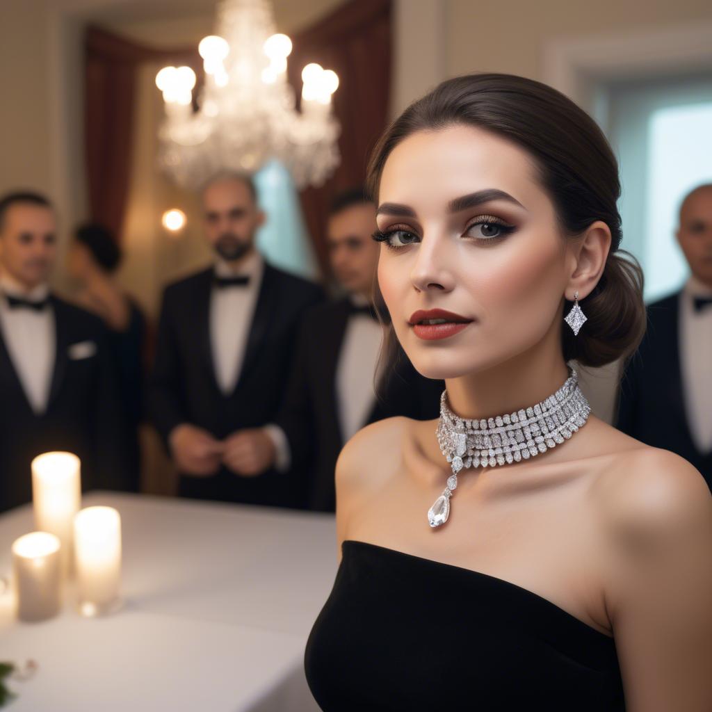 A stunning image of elegant woman with a diamond choker at a grand party.