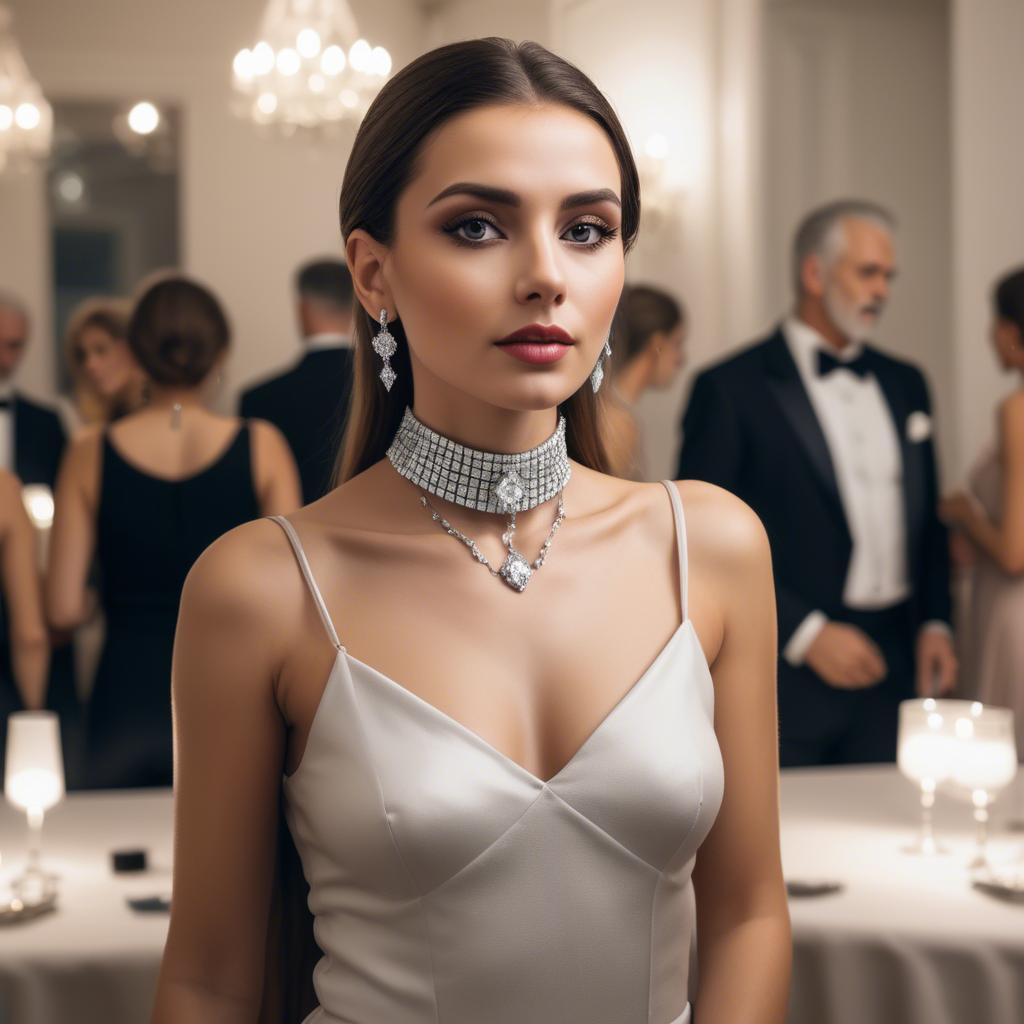 A stunning image of elegant woman with a diamond choker at a grand party.