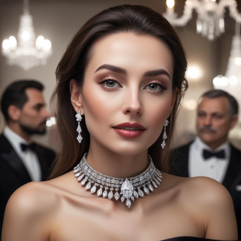 A stunning image of elegant woman with a diamond choker at a grand party.