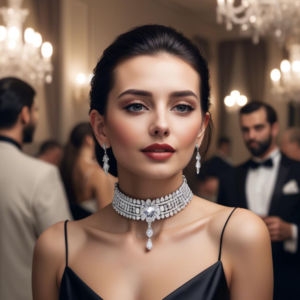 A stunning image of elegant woman with a diamond choker at a grand party.