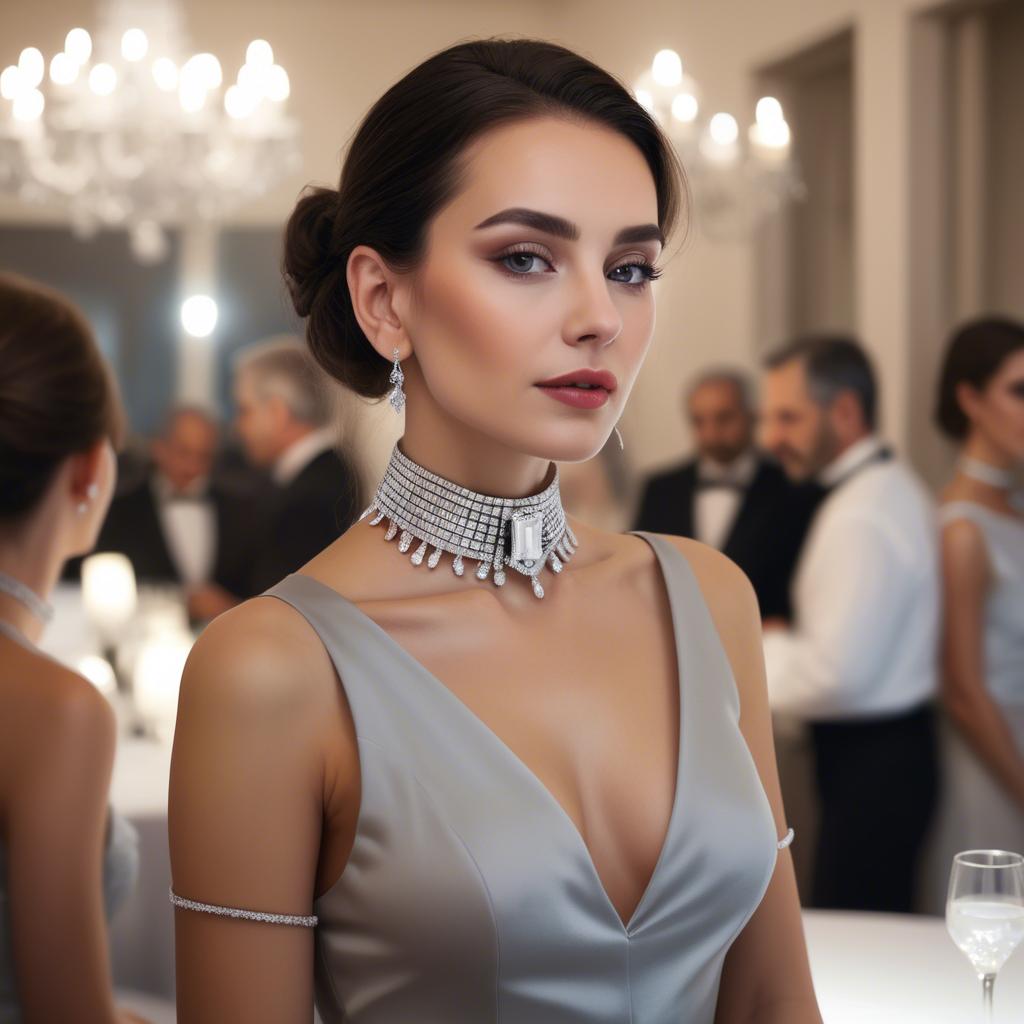 A stunning image of elegant woman with a diamond choker at a grand party.