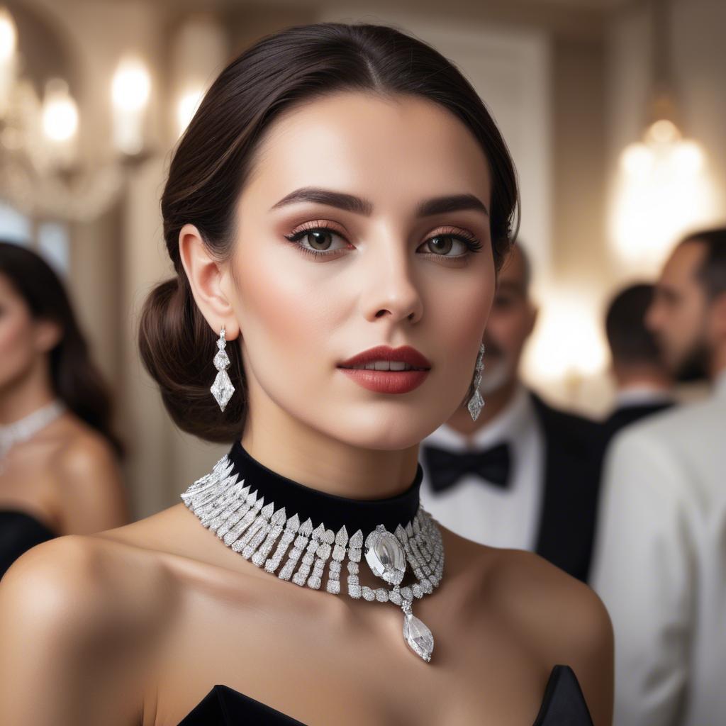 A stunning image of elegant woman with a diamond choker at a grand party.