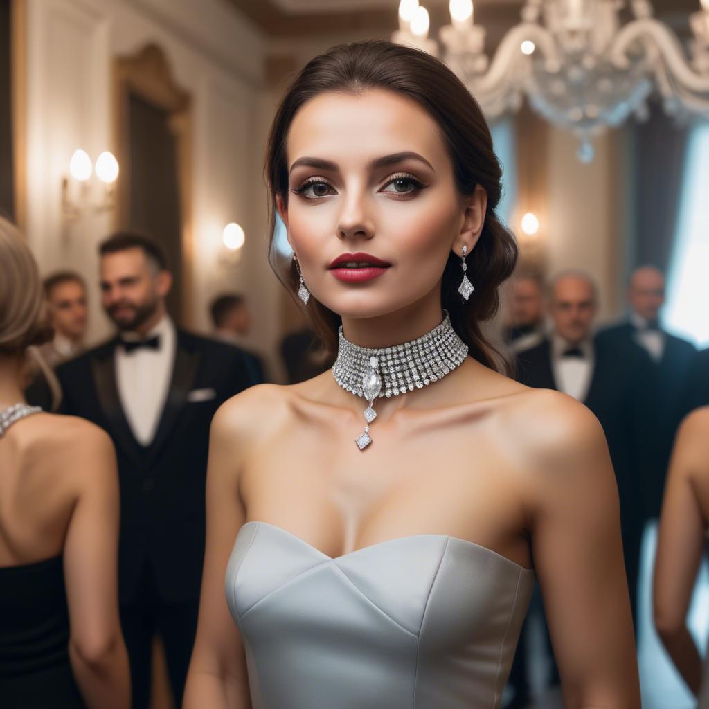 A stunning image of elegant woman with a diamond choker at a grand party.