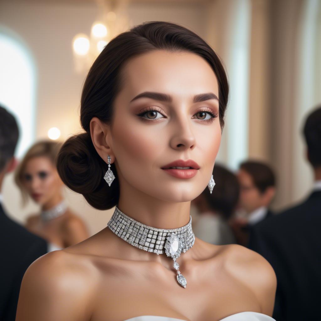 A stunning image of elegant woman with a diamond choker at a grand party.