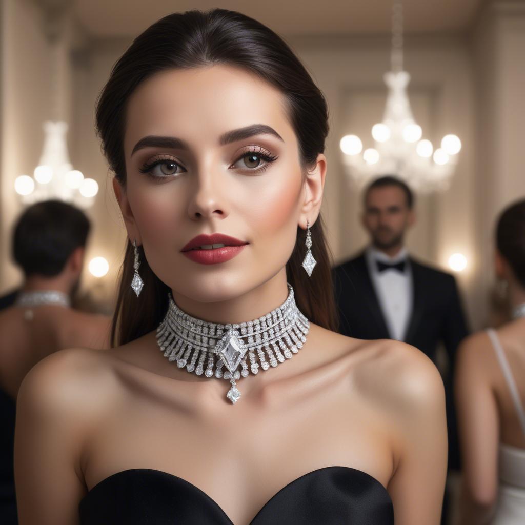 A stunning image of elegant woman with a diamond choker at a grand party.