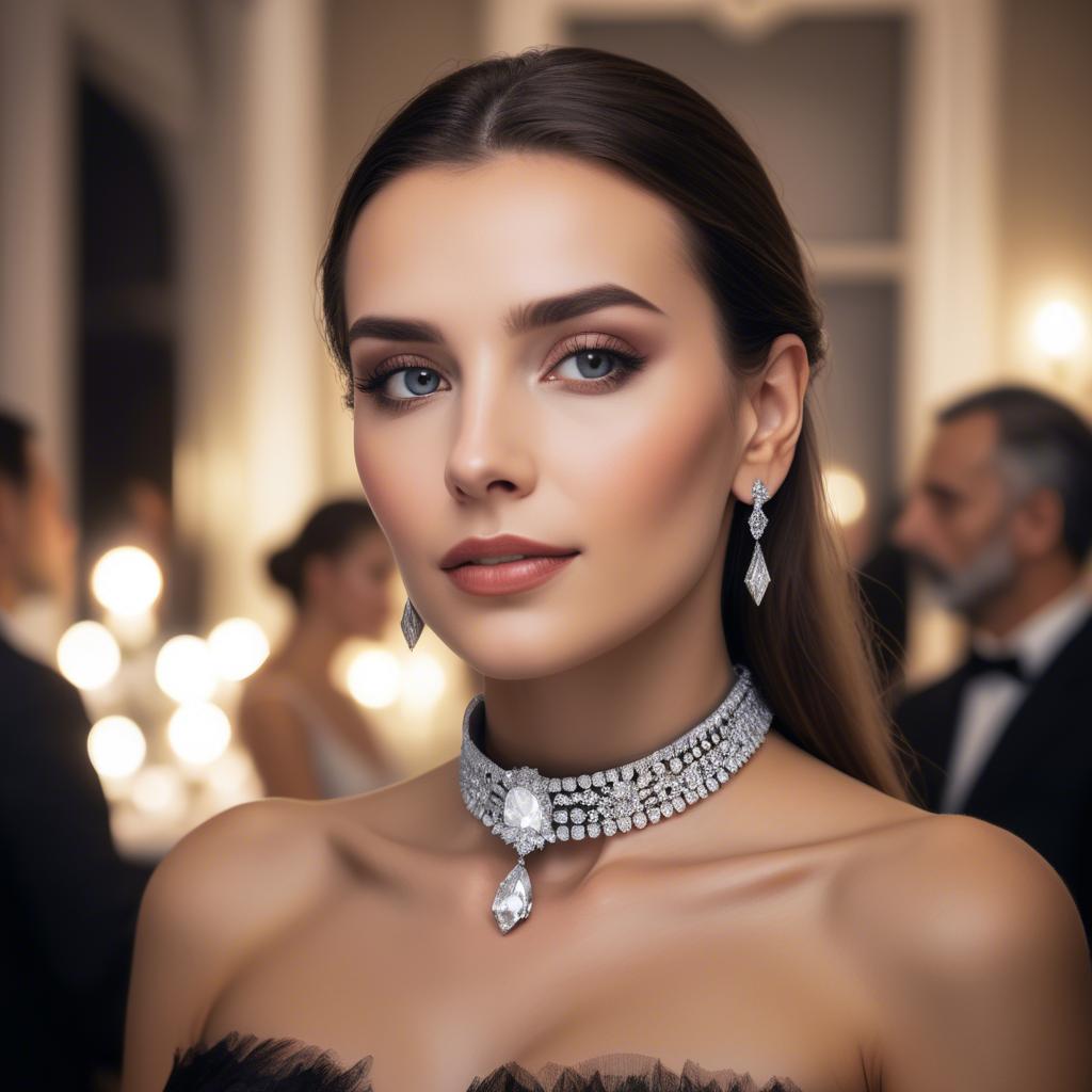 A stunning image of elegant woman with a diamond choker at a grand party.