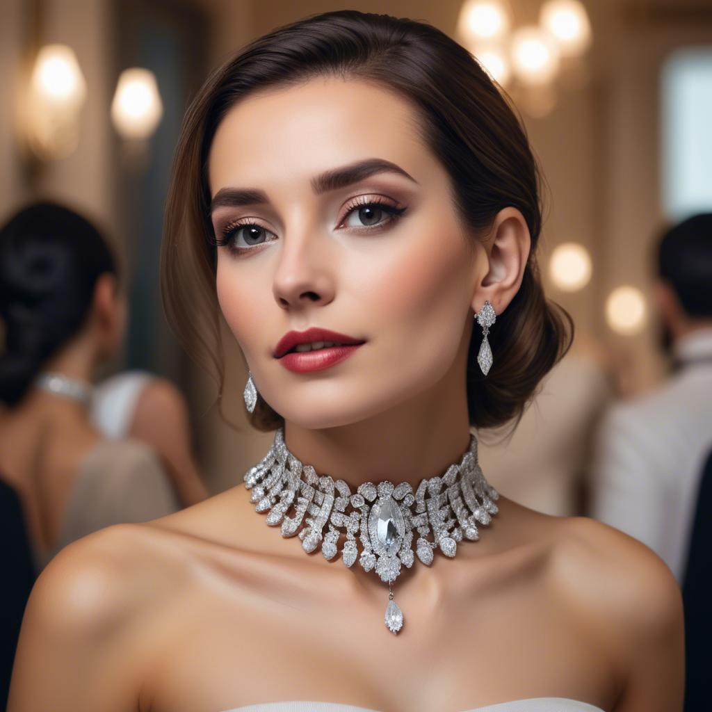 A stunning image of elegant woman with a diamond choker at a grand party.