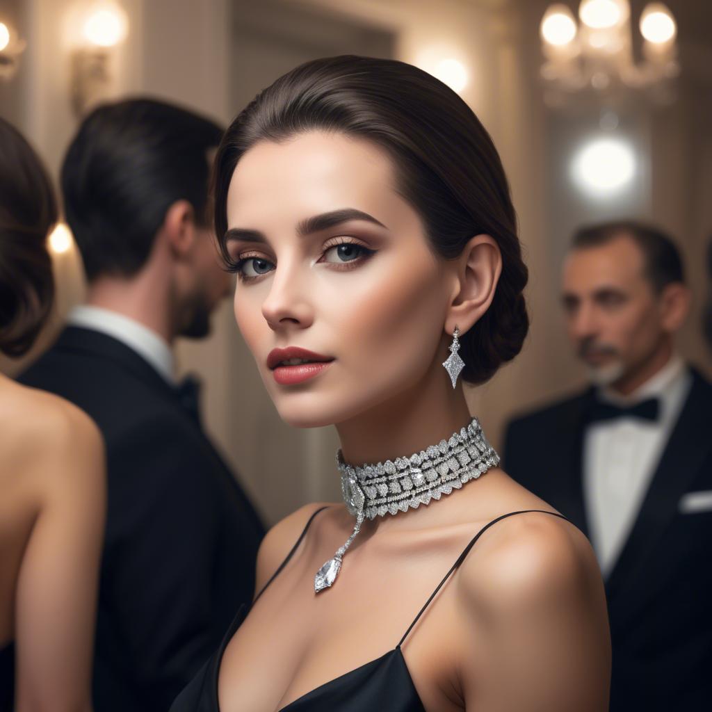 A stunning image of elegant woman with a diamond choker at a grand party.