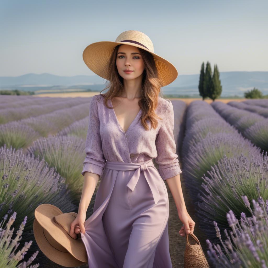A stunning image of elegant woman with a sunhat walking in lavender fields.