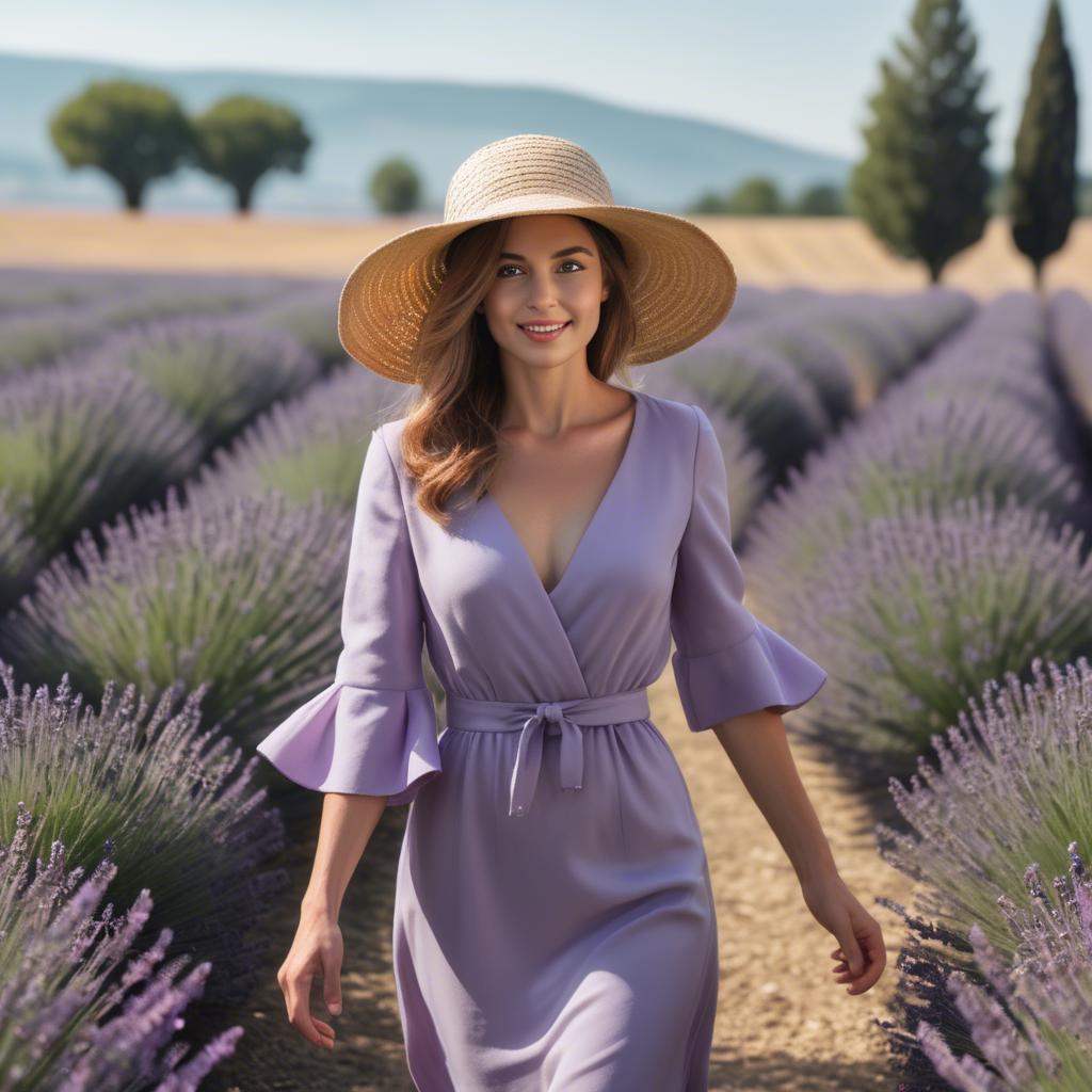 A stunning image of elegant woman with a sunhat walking in lavender fields.