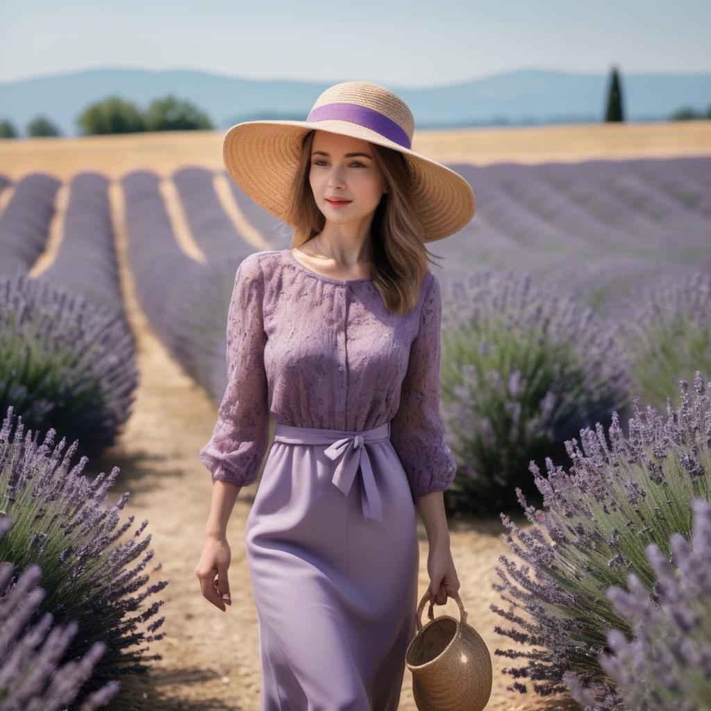 A stunning image of elegant woman with a sunhat walking in lavender fields.