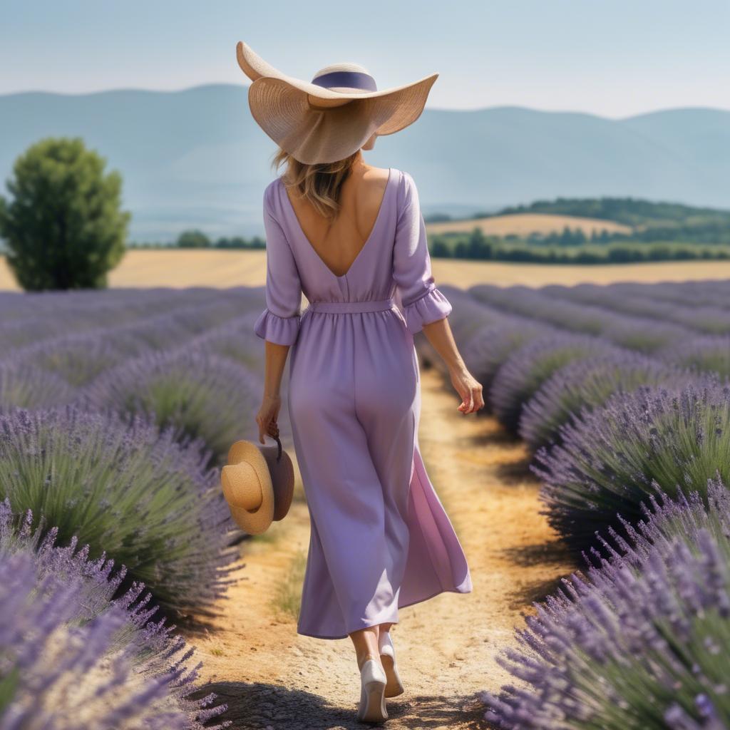 A stunning image of elegant woman with a sunhat walking in lavender fields.
