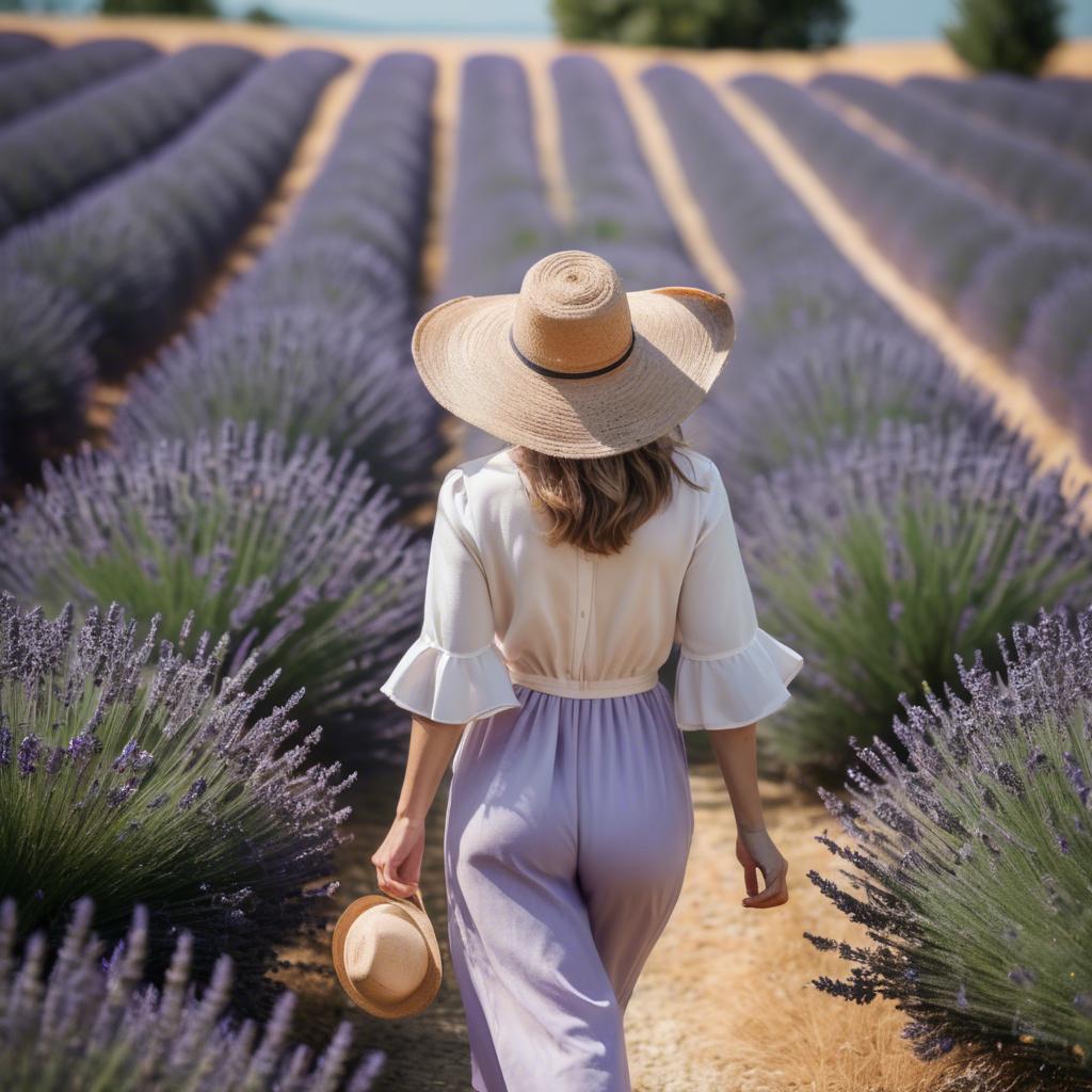 A stunning image of elegant woman with a sunhat walking in lavender fields.