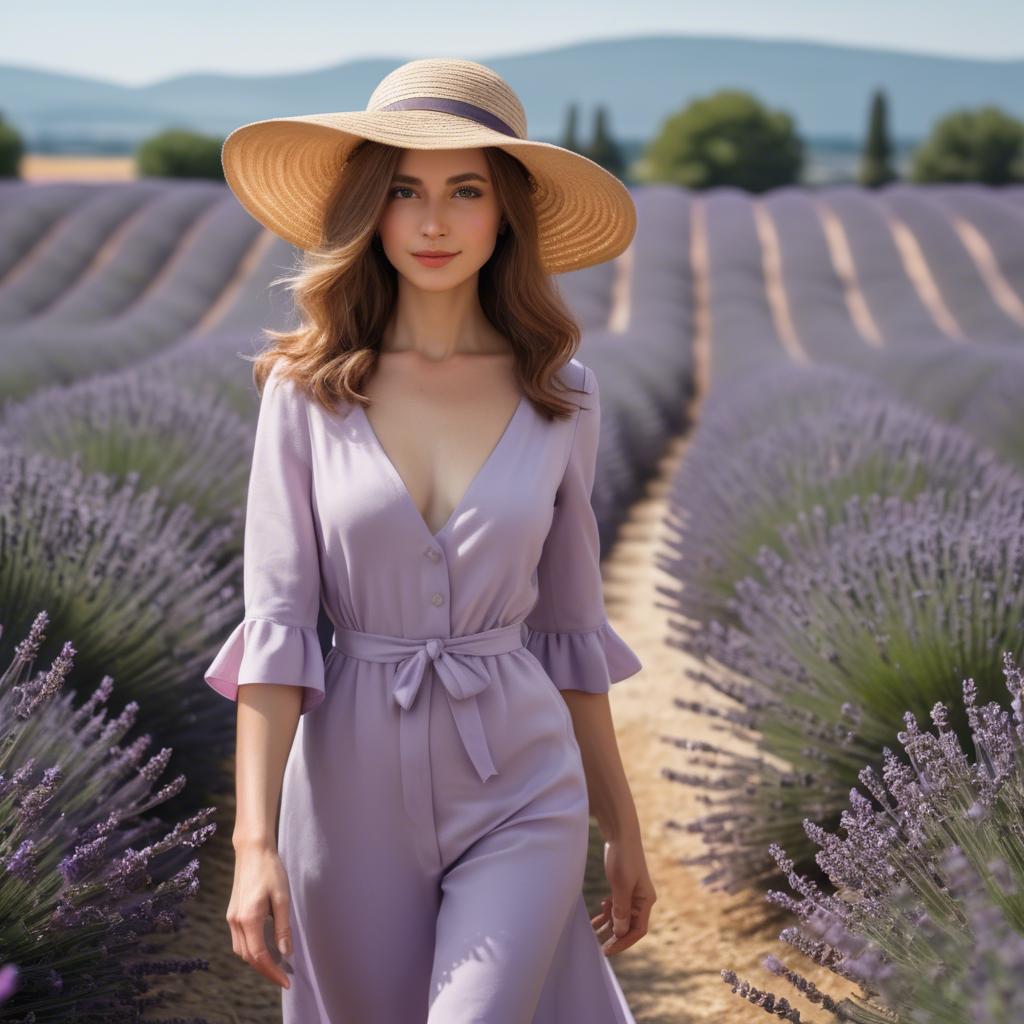 A stunning image of elegant woman with a sunhat walking in lavender fields.