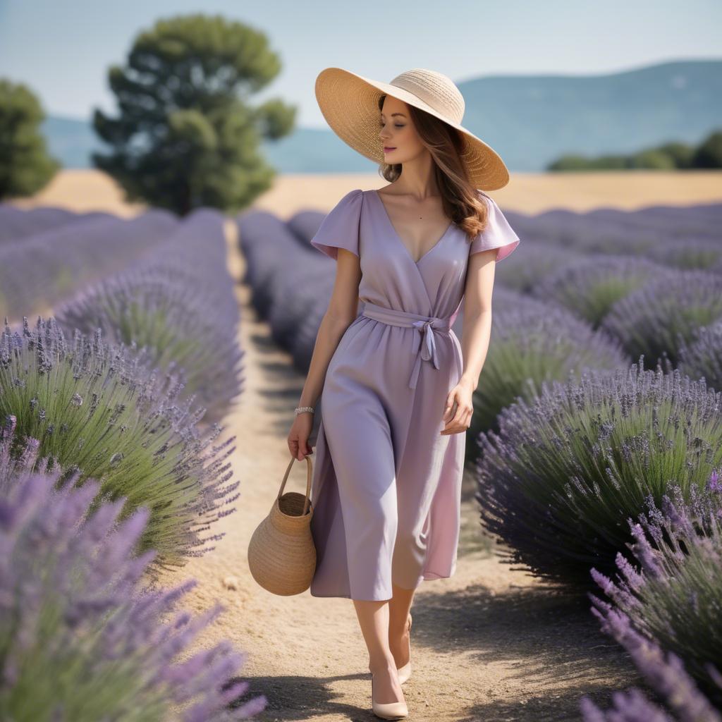 A stunning image of elegant woman with a sunhat walking in lavender fields.