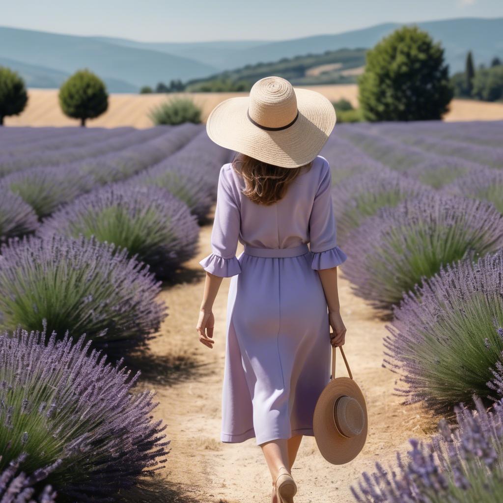 A stunning image of elegant woman with a sunhat walking in lavender fields.