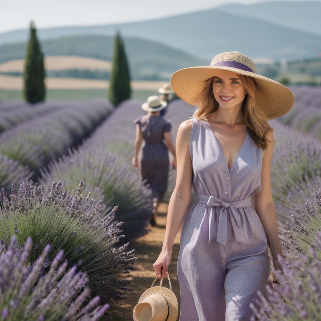 A stunning image of elegant woman with a sunhat walking in lavender fields.