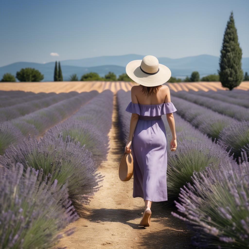 A stunning image of elegant woman with a sunhat walking in lavender fields.