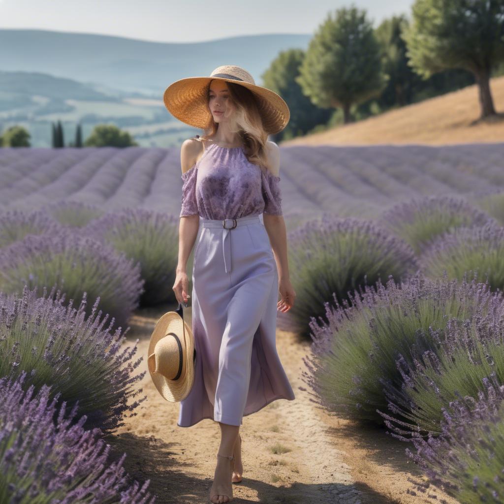 A stunning image of elegant woman with a sunhat walking in lavender fields.
