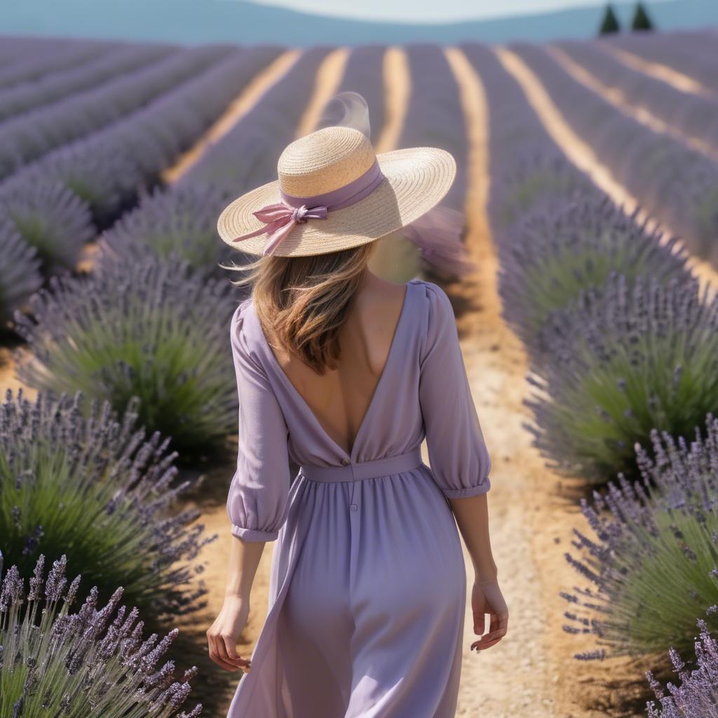 A stunning image of elegant woman with a sunhat walking in lavender fields.