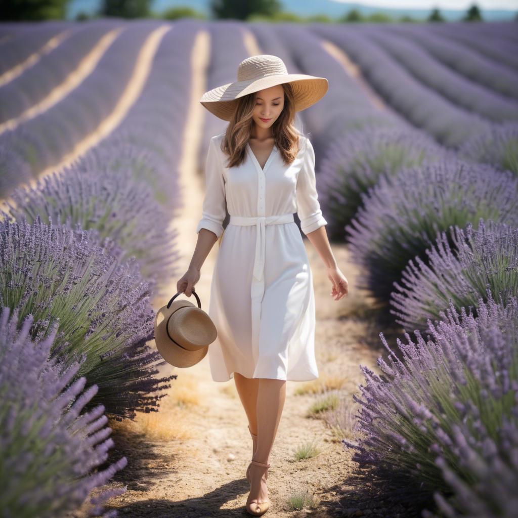A stunning image of elegant woman with a sunhat walking in lavender fields.