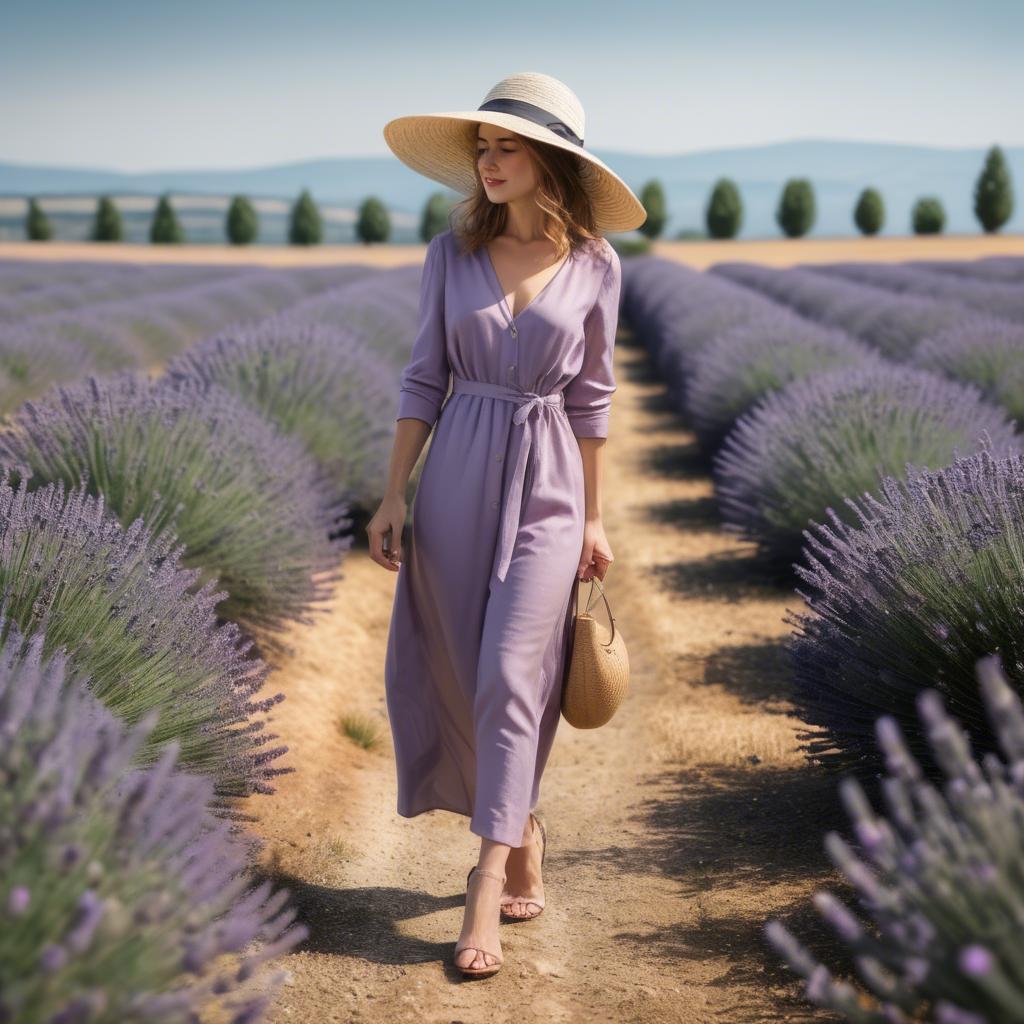A stunning image of elegant woman with a sunhat walking in lavender fields.