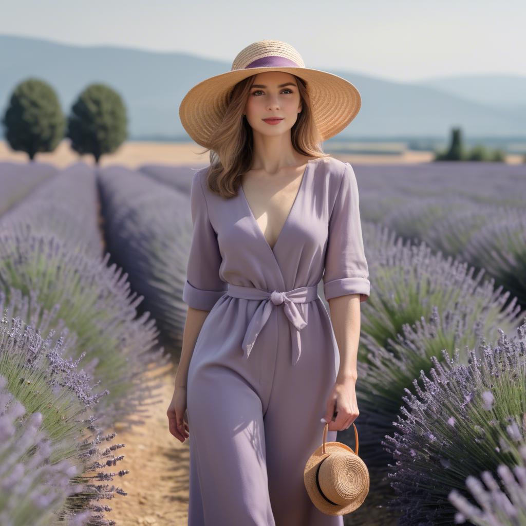 A stunning image of elegant woman with a sunhat walking in lavender fields.