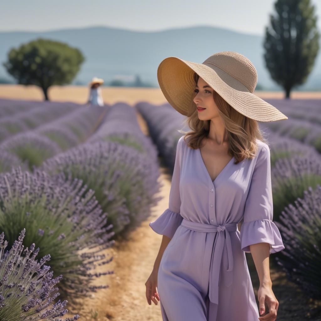 A stunning image of elegant woman with a sunhat walking in lavender fields.