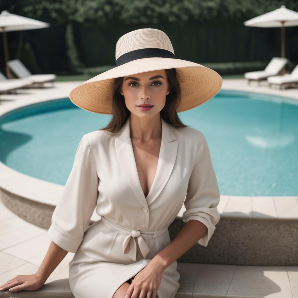 A stunning image of elegant woman with a wide-brimmed hat by a pool.
