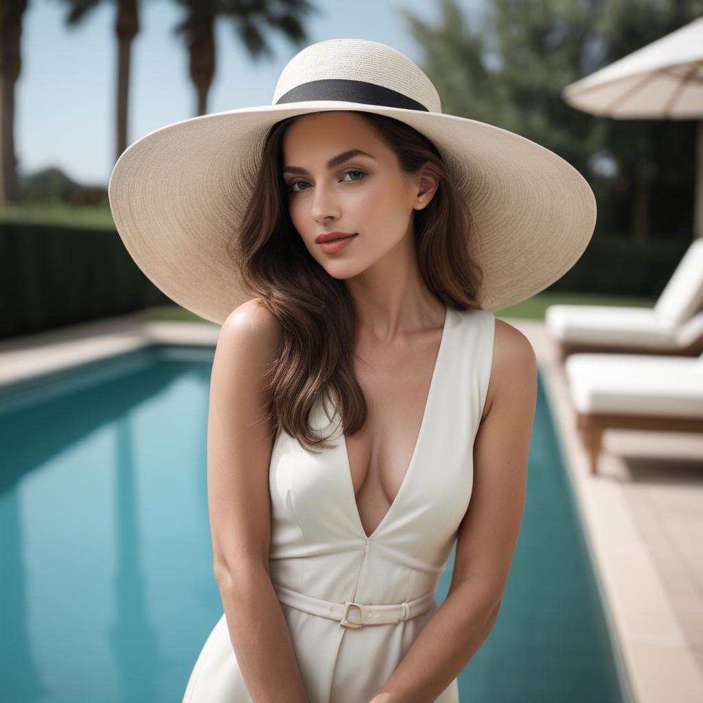 A stunning image of elegant woman with a wide-brimmed hat by a pool.