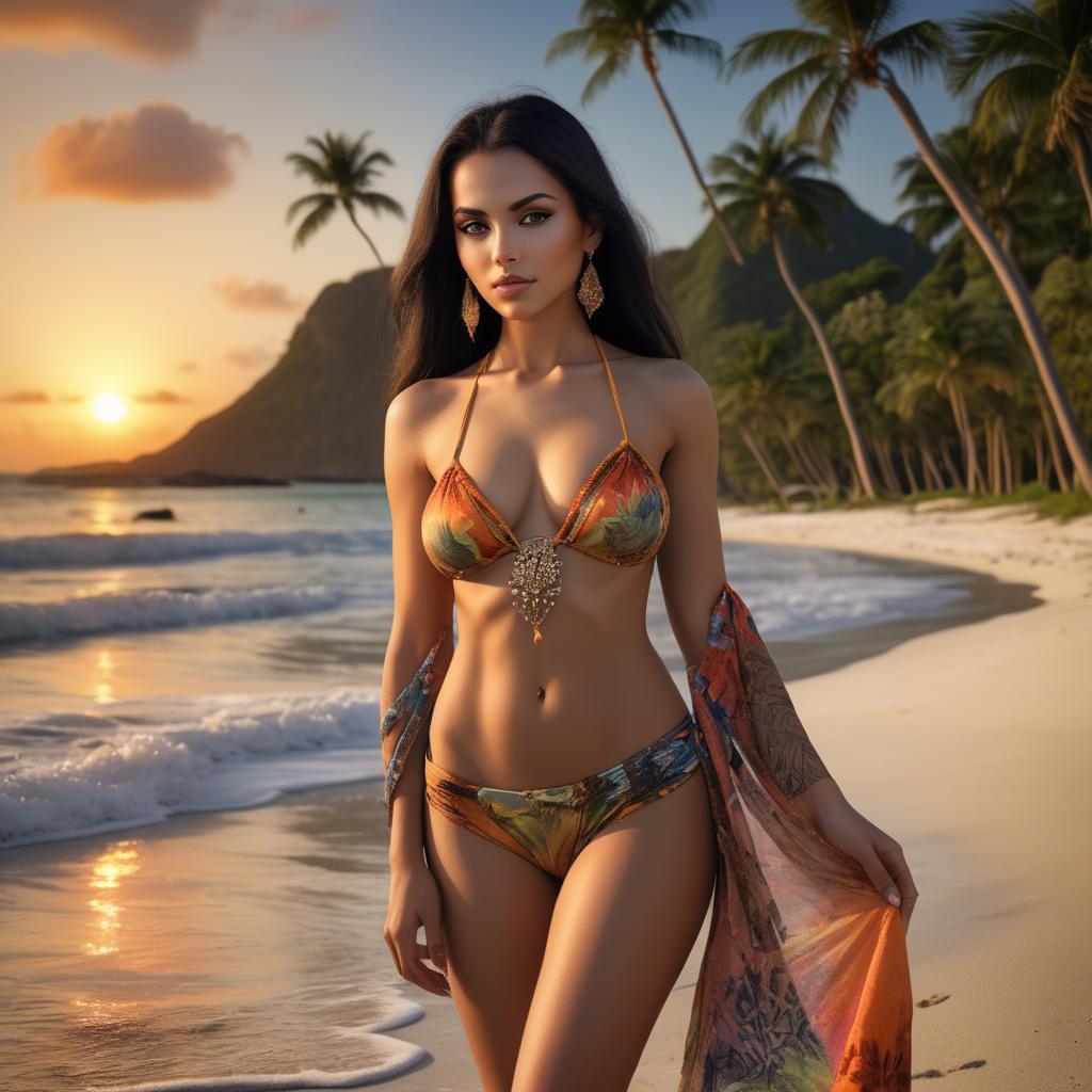 A stunning image of exotic beauty on a tropical beach at sunset.