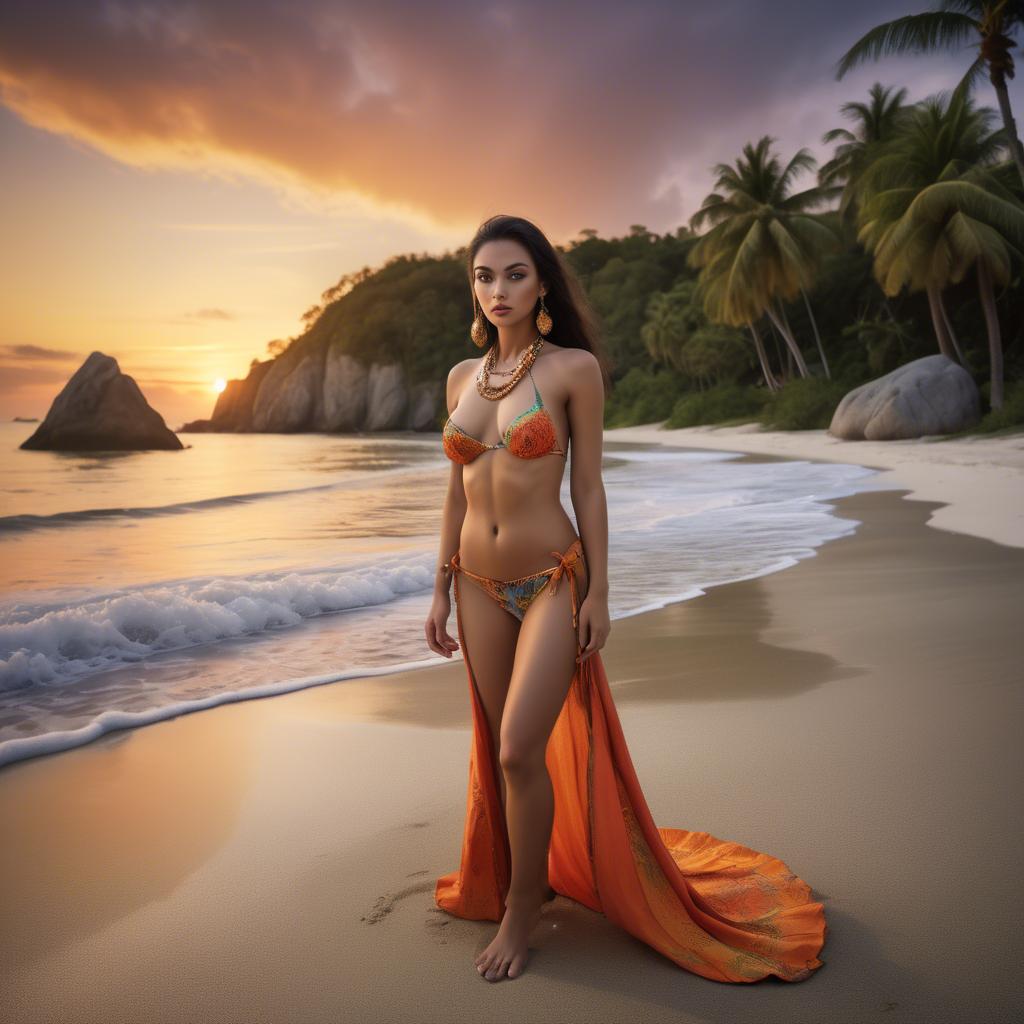 A stunning image of exotic beauty on a tropical beach at sunset.