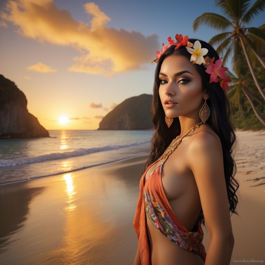 A stunning image of exotic beauty on a tropical beach at sunset.