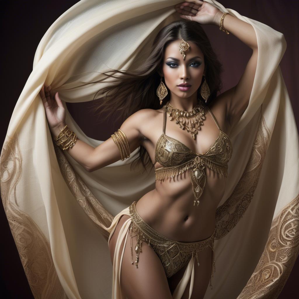 A stunning image of exotic dancer with intricate jewelry and flowing fabric.