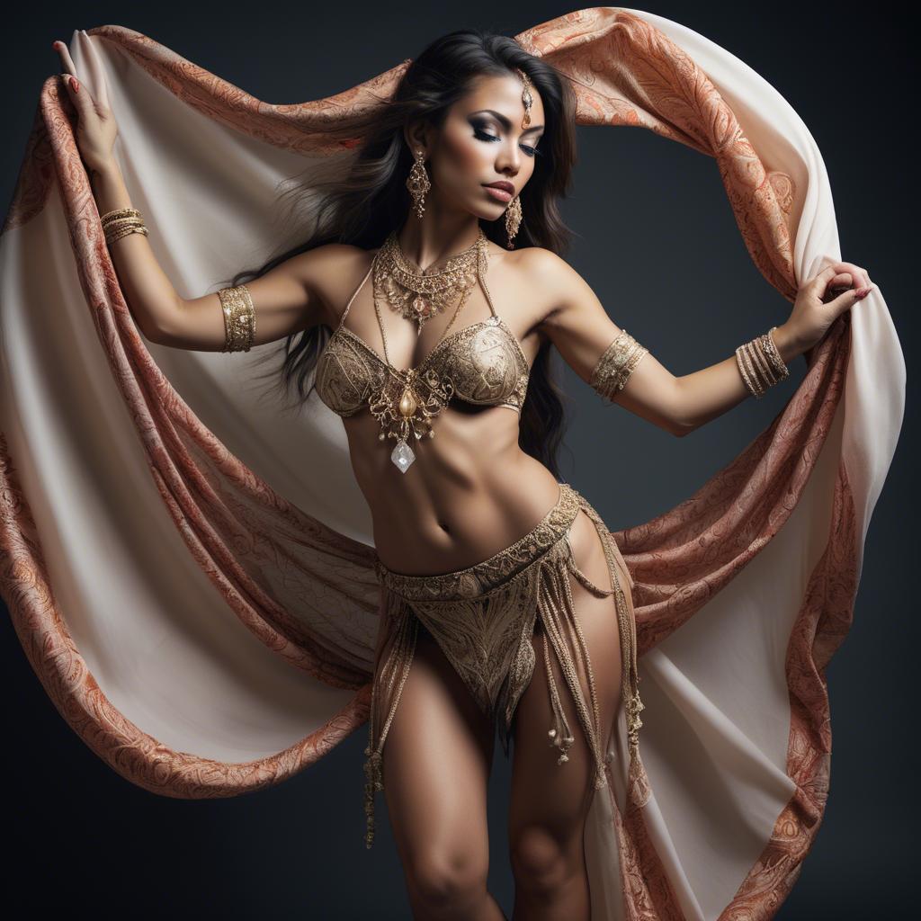 A stunning image of exotic dancer with intricate jewelry and flowing fabric.