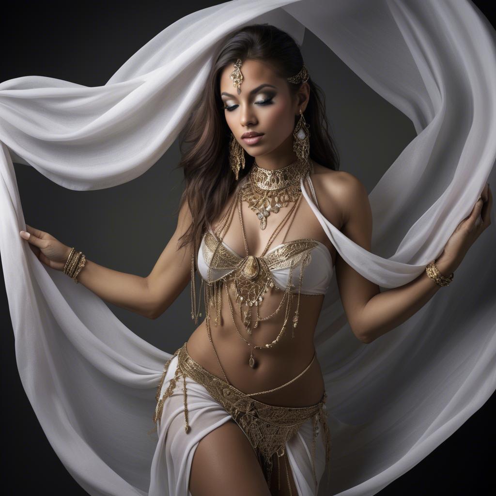 A stunning image of exotic dancer with intricate jewelry and flowing fabric.