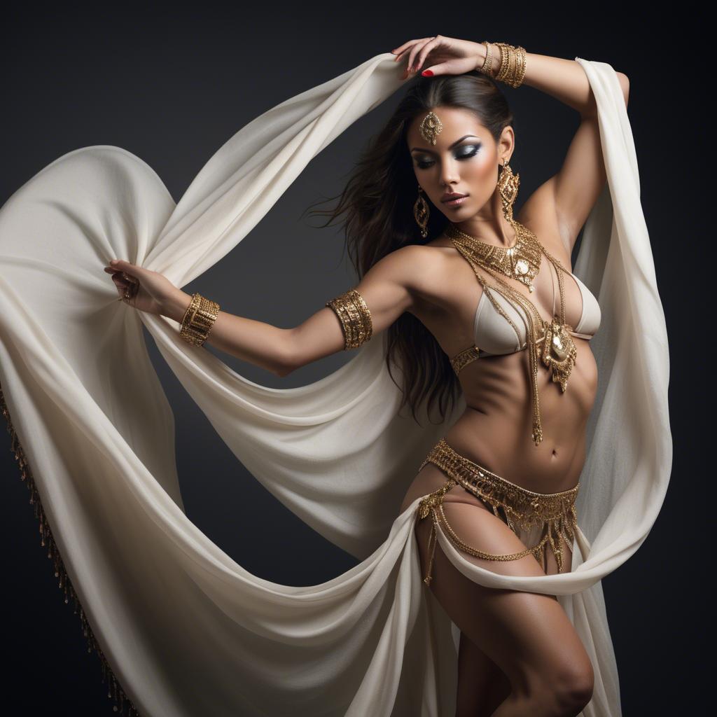 A stunning image of exotic dancer with intricate jewelry and flowing fabric.