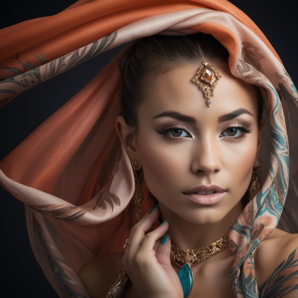 A stunning image of exotic dancer with intricate jewelry and flowing fabric.