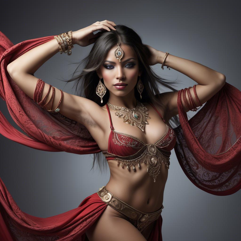 A stunning image of exotic dancer with intricate jewelry and flowing fabric.