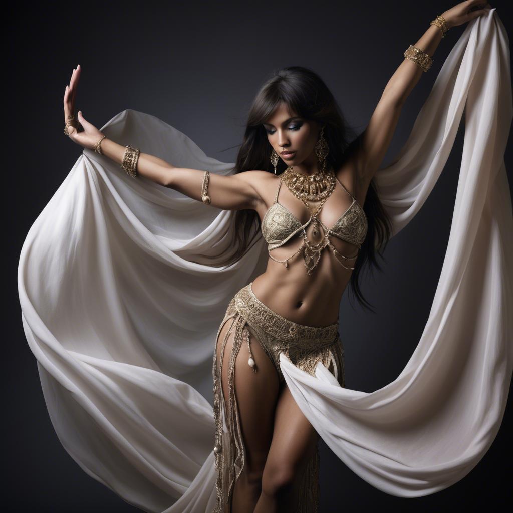 A stunning image of exotic dancer with intricate jewelry and flowing fabric.