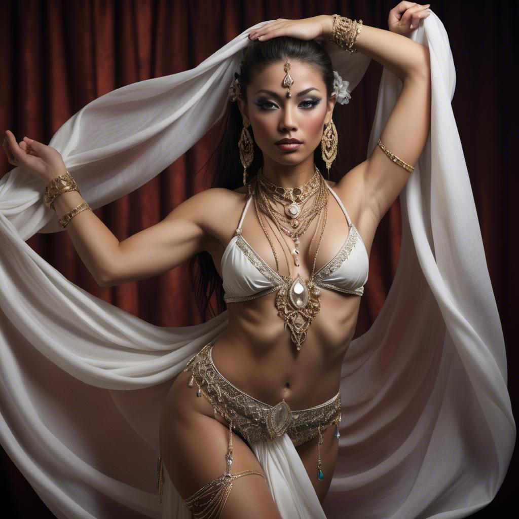 A stunning image of exotic dancer with intricate jewelry and flowing fabric.