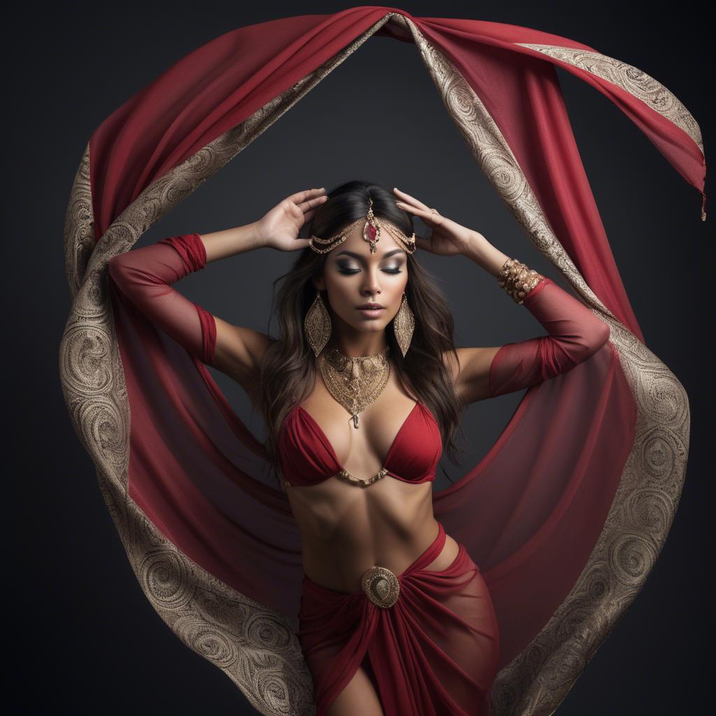 A stunning image of exotic dancer with intricate jewelry and flowing fabric.