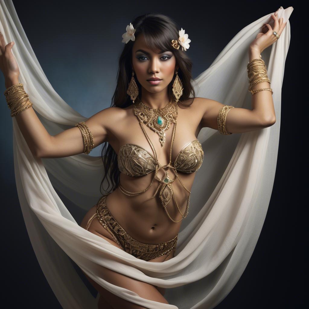 A stunning image of exotic dancer with intricate jewelry and flowing fabric.