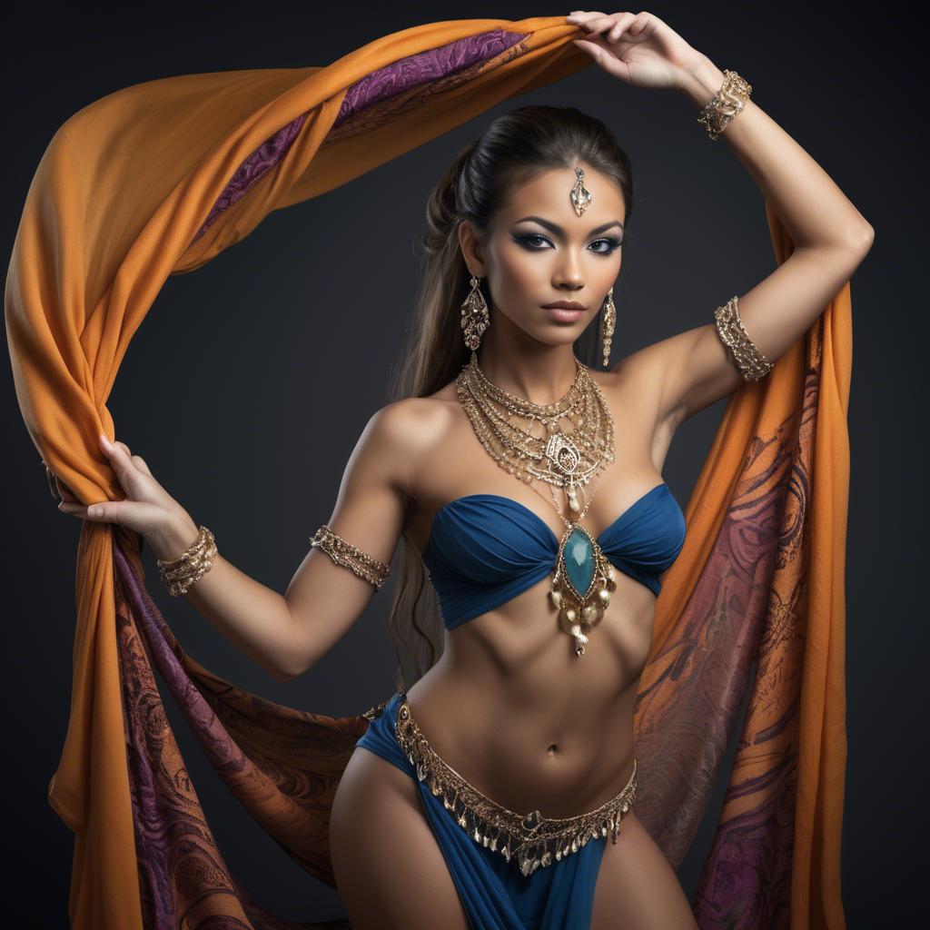 A stunning image of exotic dancer with intricate jewelry and flowing fabric.