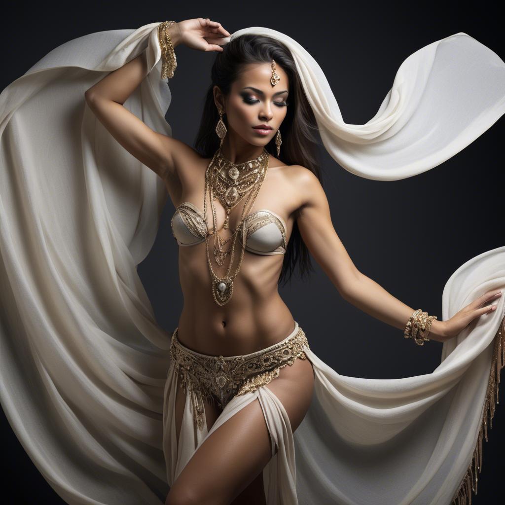 A stunning image of exotic dancer with intricate jewelry and flowing fabric.