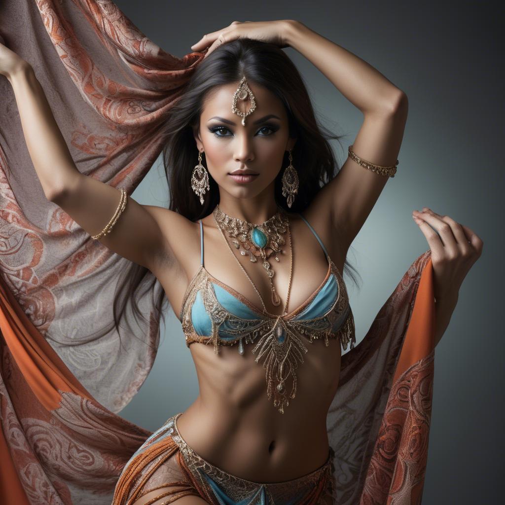 A stunning image of exotic dancer with intricate jewelry and flowing fabric.
