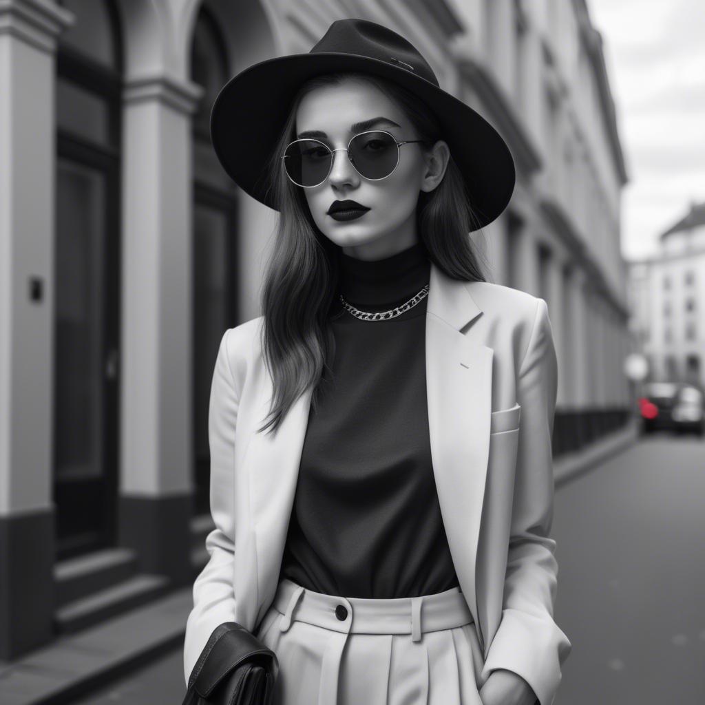 A stunning image of fashionable girl in a trendy monochrome outfit.
