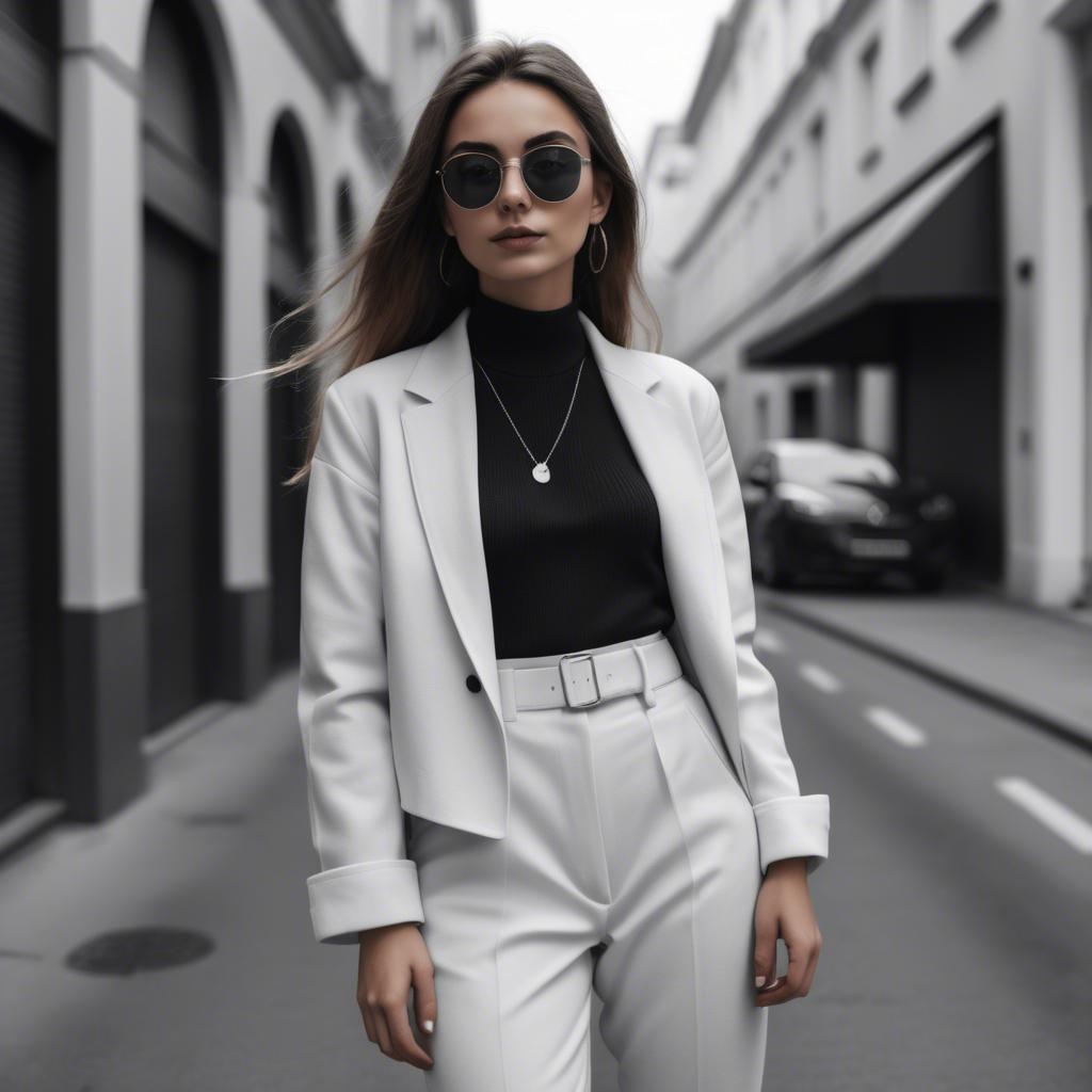 A stunning image of fashionable girl in a trendy monochrome outfit.