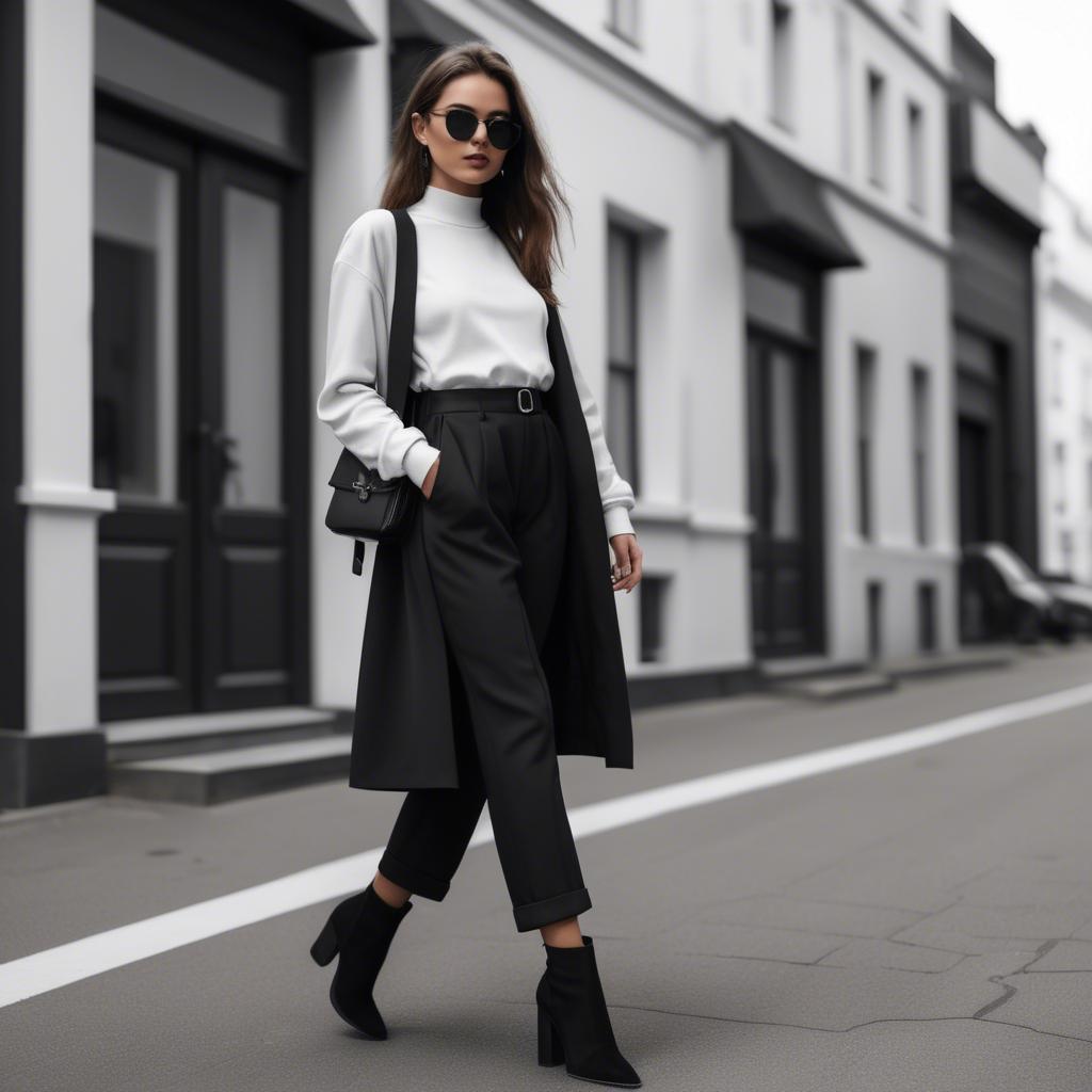 A stunning image of fashionable girl in a trendy monochrome outfit.